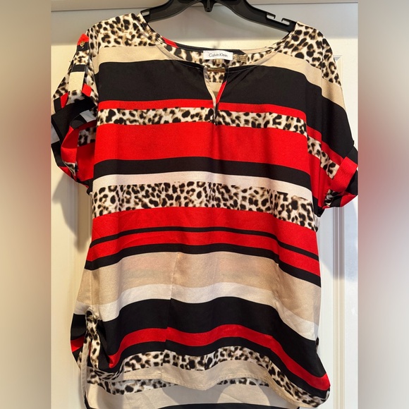 Calvin Klein Tops - Calvin Klein Women's Red and Black Striped Leopard Blouse Size XL